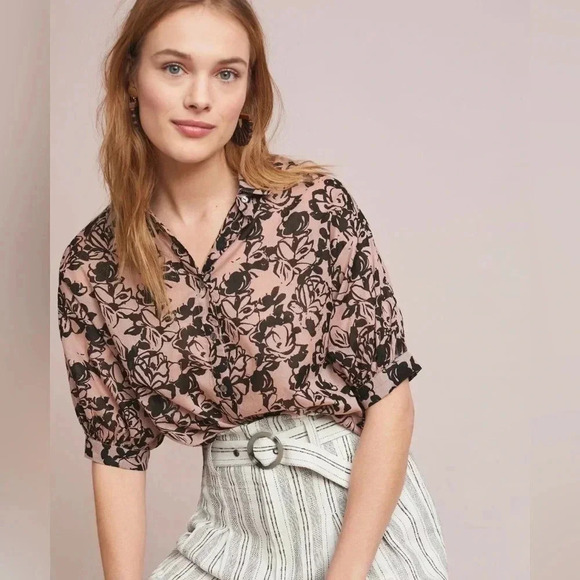 Velvet by Graham & Spencer Pink Black Floral Button Down Shirt Size L - Picture 2 of 10